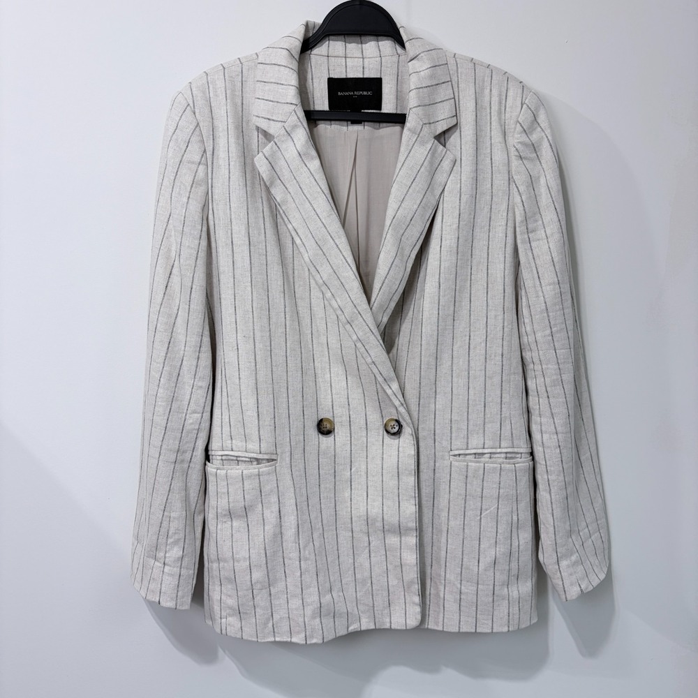 BANANA REPUBLIC Beige Linen Pinstripe Blazer Sz 14 Double Breasted Old Money
